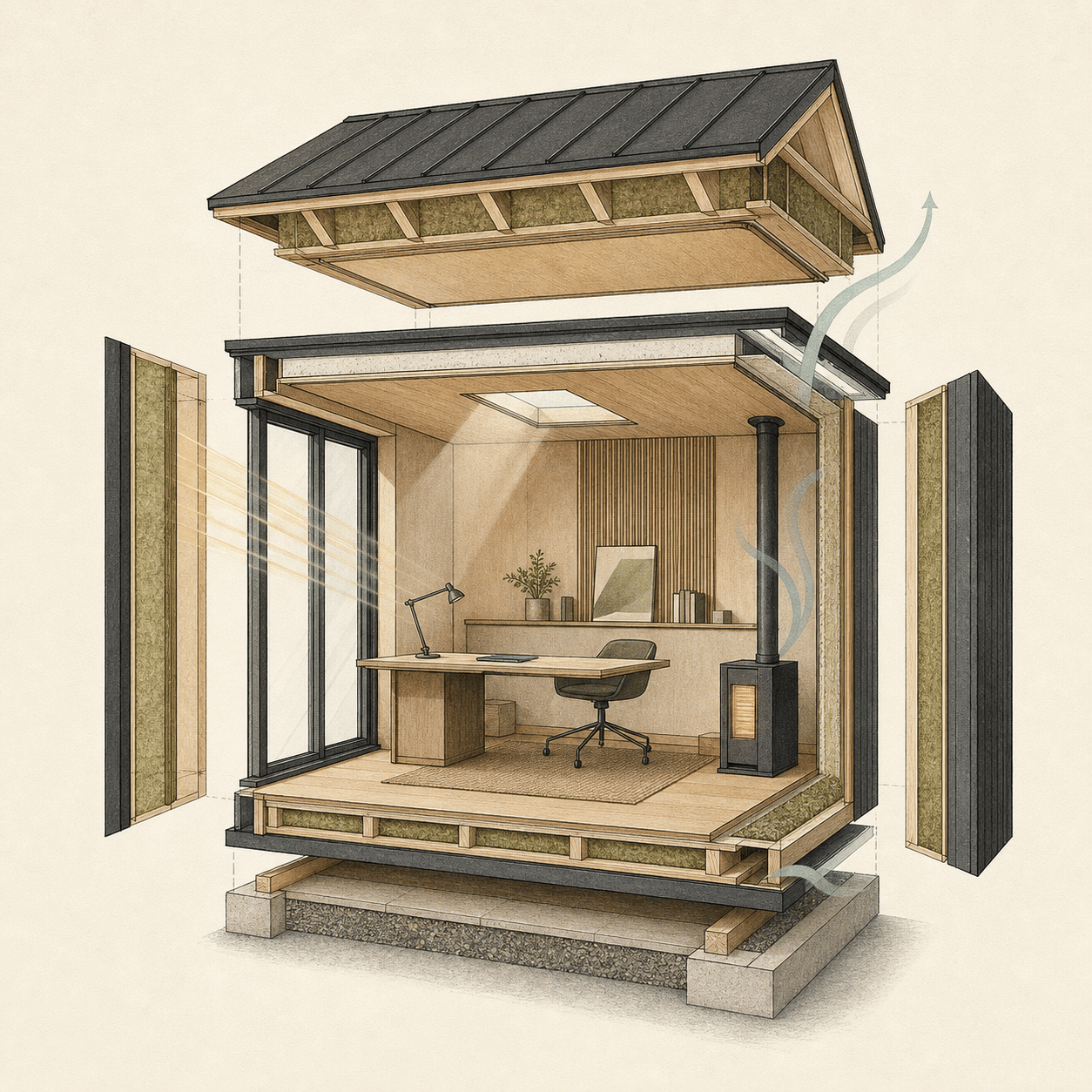 Concept architectural cutaway illustration of a four-season insulated garden room showing multi-layer PIR thermal envelope