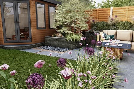 Garden design with layered planting and outdoor seating
