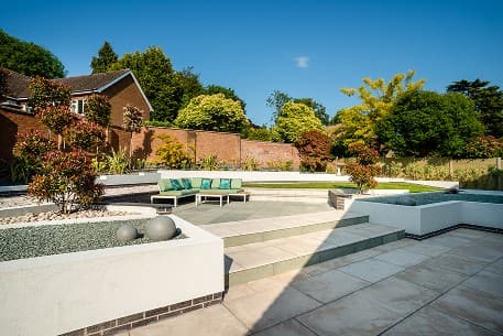 Premium paved patio in a landscaped garden