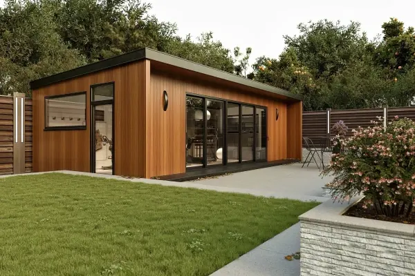 Contemporary timber garden room with clean architectural lines
