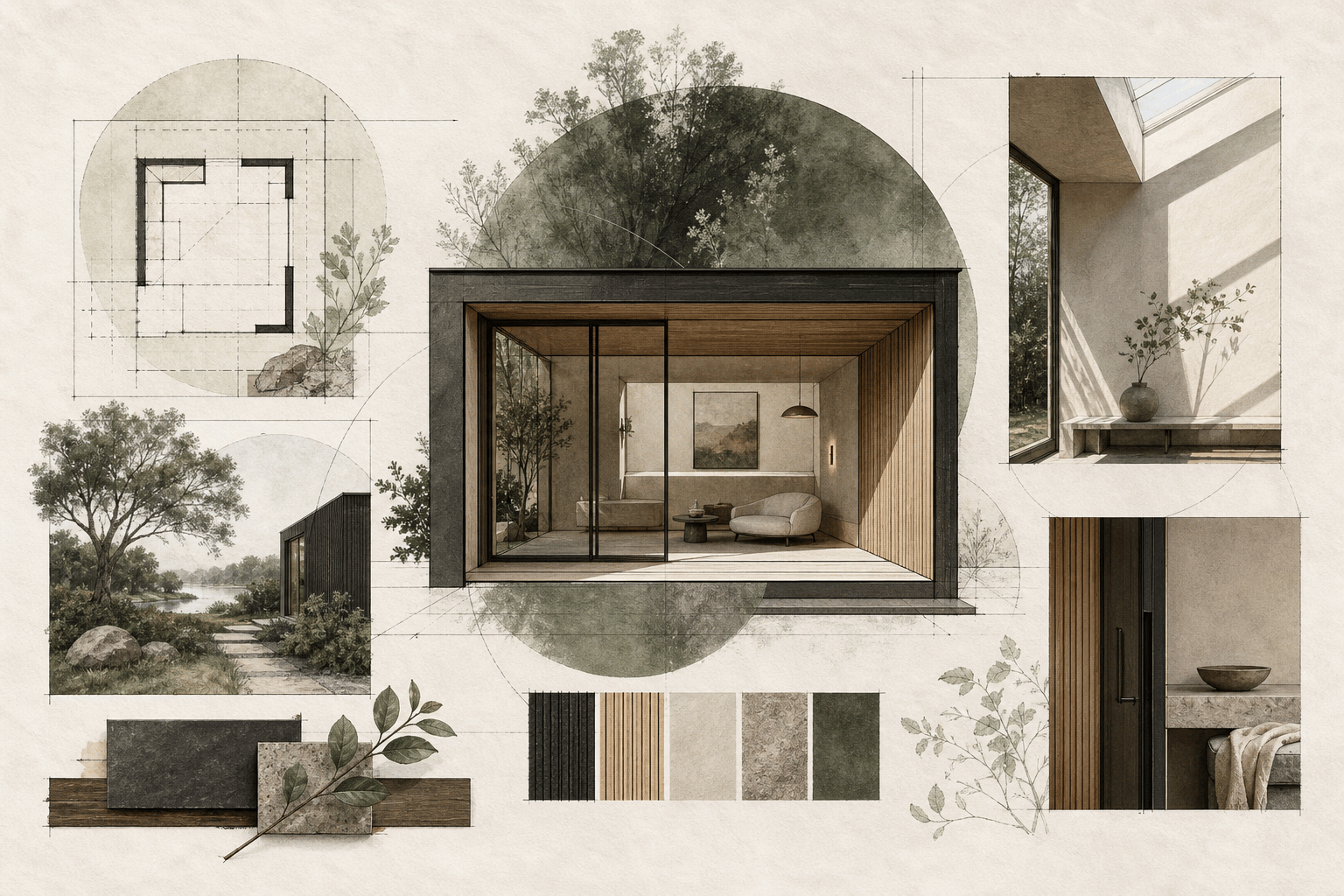Architectural diagram outlining garden room pricing pathway, specification tiers, and turnkey cost components